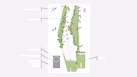 Detailed hole diagram from a golf yardage book featuring complete course mapping, terrain contours, precise yardages to key points, strategic landing zones, and essential hole information for shot planning.