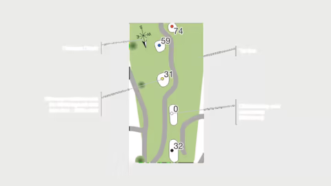 Golf tee box diagram showing the compass orientation, tee positions, official tee color, and distance measurements relative to the yardage book reference point.